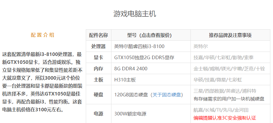 臺(tái)式電腦組裝配置單